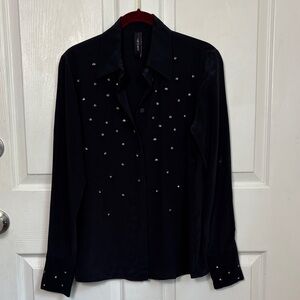 MARC CAIN Black button down blouse rhinestone embellishment front size 4 US